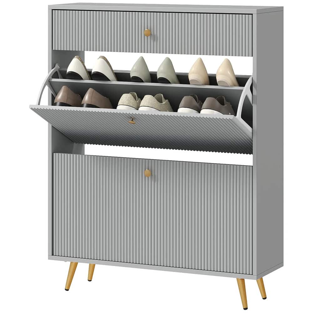 Modern Shoe Cabinet with Flip Storage Drawers and Gold Handles Adjustable Shelves for 12 Pairs - 31.5" W x 9.4" D x 40" H