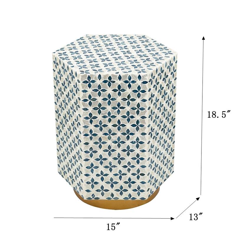 15x13x18.5" Hexagonal Accent Table with Blue Capiz Design and Gold Base