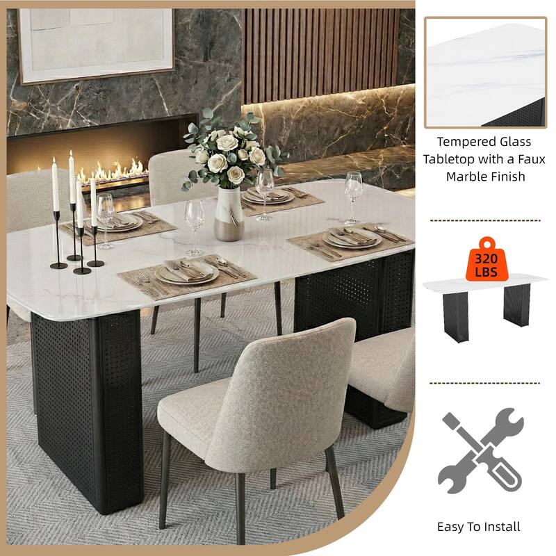 Modern Marble-Patterned Tempered Glass Dining Table, Rectangular Kitchen Table with Dual-Pedestal Metal Base