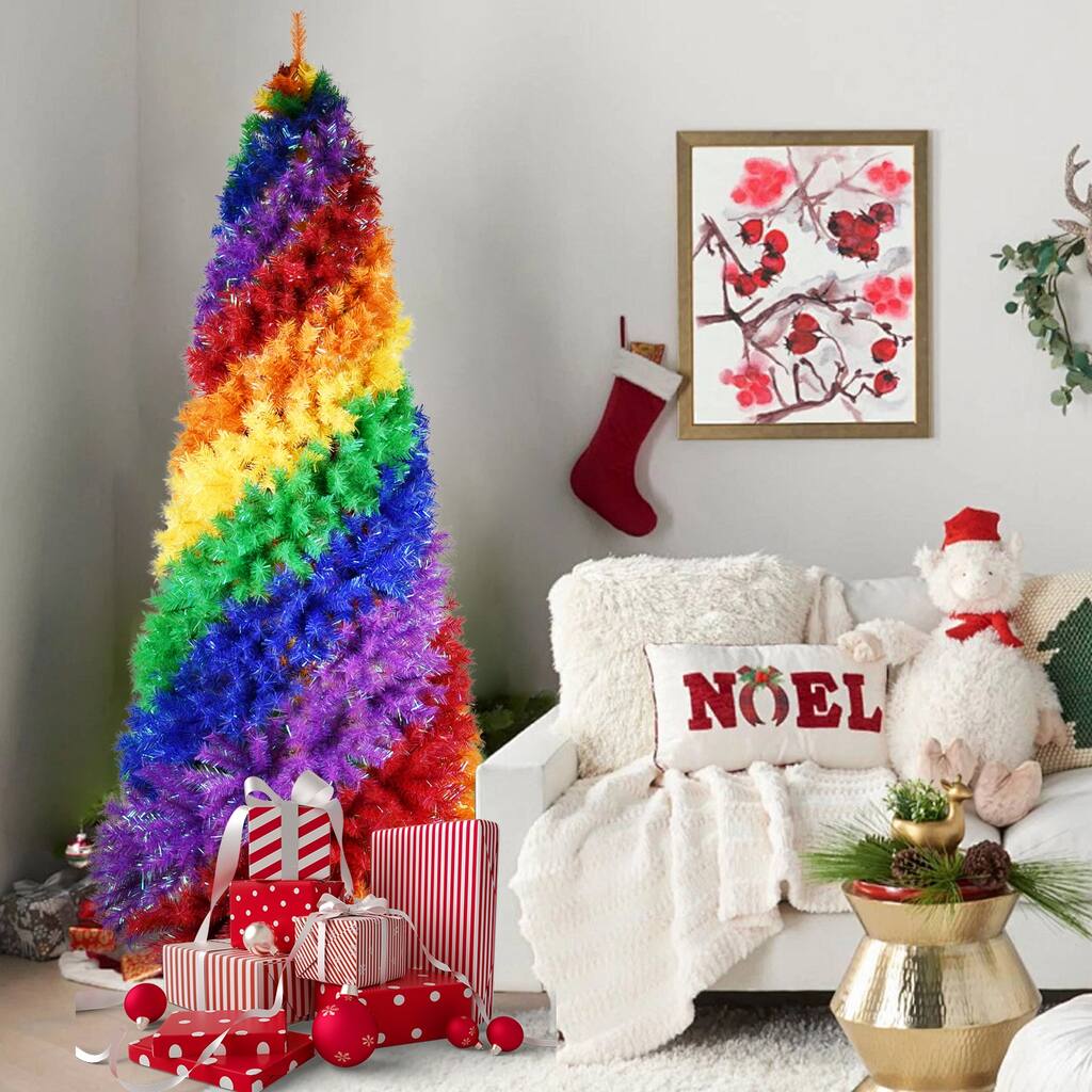 Rainbow Spiral Christmas Tree - Colorful PVC Branches, Unique Design, Full Lush Shape, Metal Stand