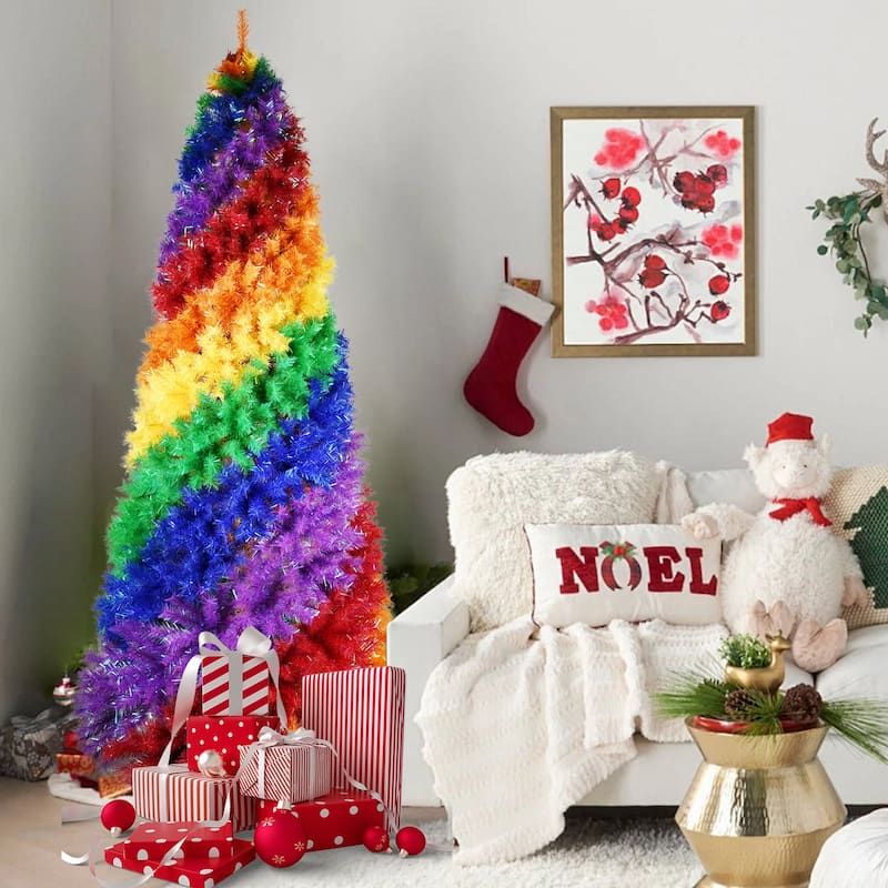 Rainbow Spiral Christmas Tree - Colorful PVC Branches, Unique Design, Full Lush Shape, Metal Stand