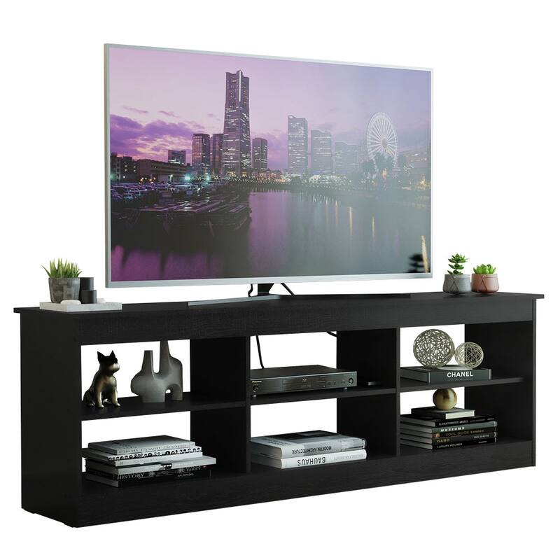 Madesa TV Stand Entertainment Center TV Bench with 6 Open Shelves Easy Cable Management for 65, 75 Inch - 71 inches - Black