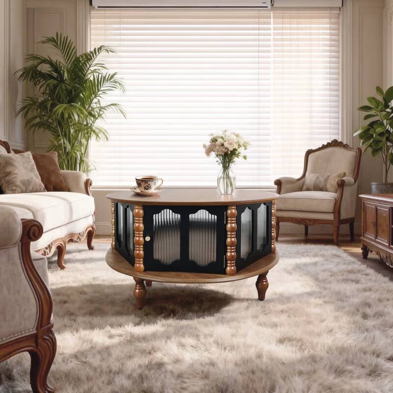 Rustic Round Coffee Table with Storage, 31.5" Wood Accent Table Mid Century Modern Center Tables with Door and Leg