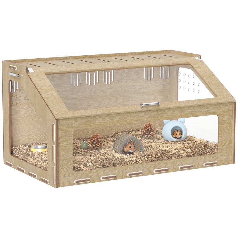 PawHut 39 inch Hamster Cage Habitat with Acrylic Window & Openable Top, Small Animal Cage with Air Vents for Dwarf Hamster, Rat - Guinea Pig/Rat - oak