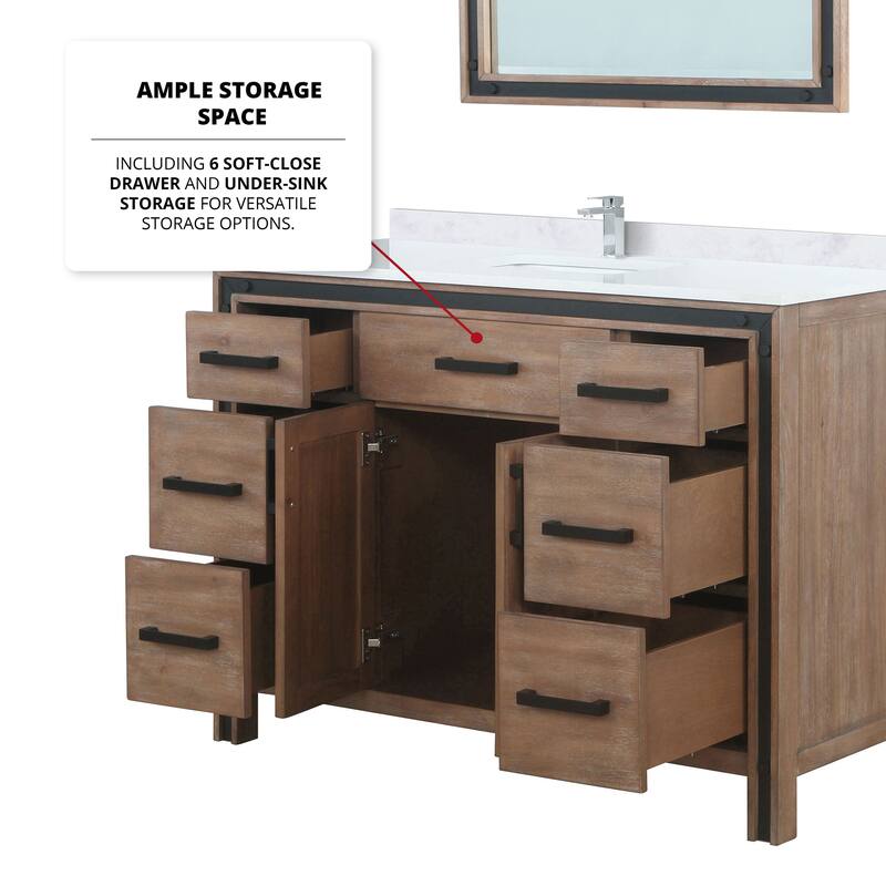 Ziva 48 in W x 22 in D White Bath Vanity, White Quartz Top, Faucet Set and 34 in Mirror