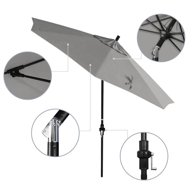 California Umbrella 9' Rd Patio Umbrella Black Aluminum Frame Fiberglass Ribs Crank Lift Collar Tilt, Sunbrella Cilantro