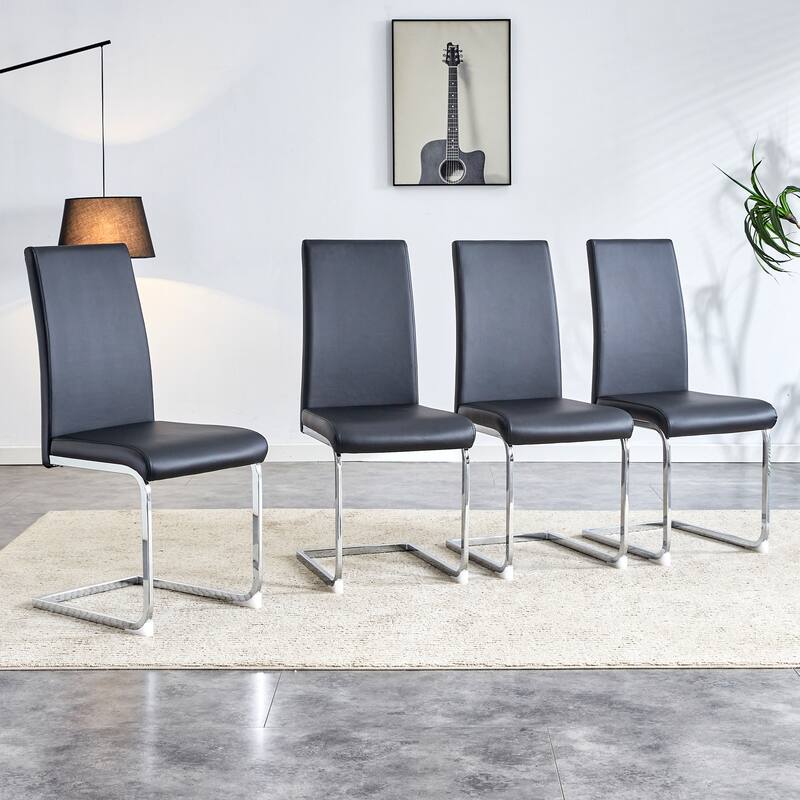 Set of 4 Modern PU Leather Upholstered Dining Chair,with High Back and Chrome Metal Base - Black