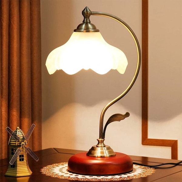 YANSUN Vintage Gold Bedside Desk Lamp with Flower Shade Metal Table Lamp for Bedroom 12.60