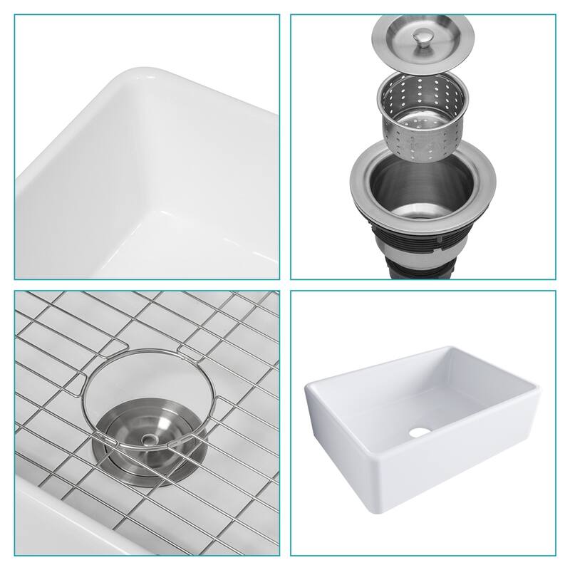 28" Kitchen Sink Ceramic Single Bowl w/Drain Assembly and Bottom Grid