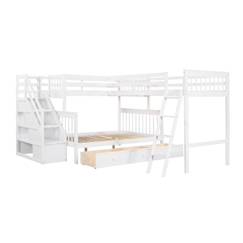 L-Shaped Twin over Full Bunk Bed with Drawers, Ladder, and Staircase in White