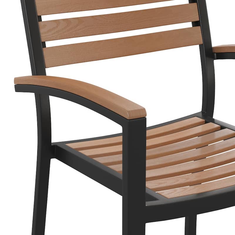 Set of 4 Stackable All-Weather Metal Patio Chairs with Faux Teak Slats
