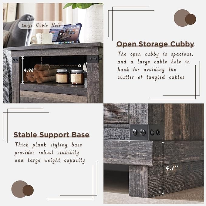 18" Farmhouse Nightstand with Charging Station, Night Stand, End Table