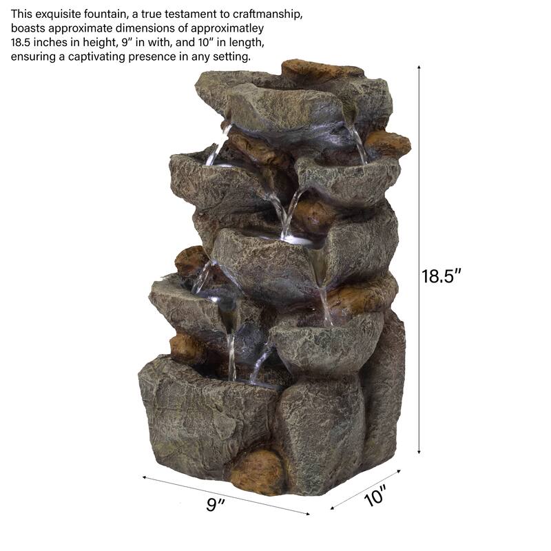 Cascading Electric Powered Rock Water Fountain with LED Lights 18.5" for Indoor and Outdoor Use
