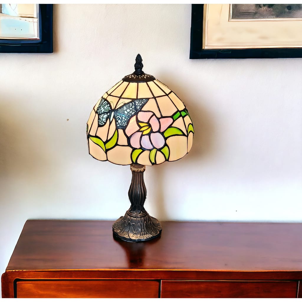HomeRoots 15" Tiffany Style Stained Glass Blue Butterfly Table Lamp - 12