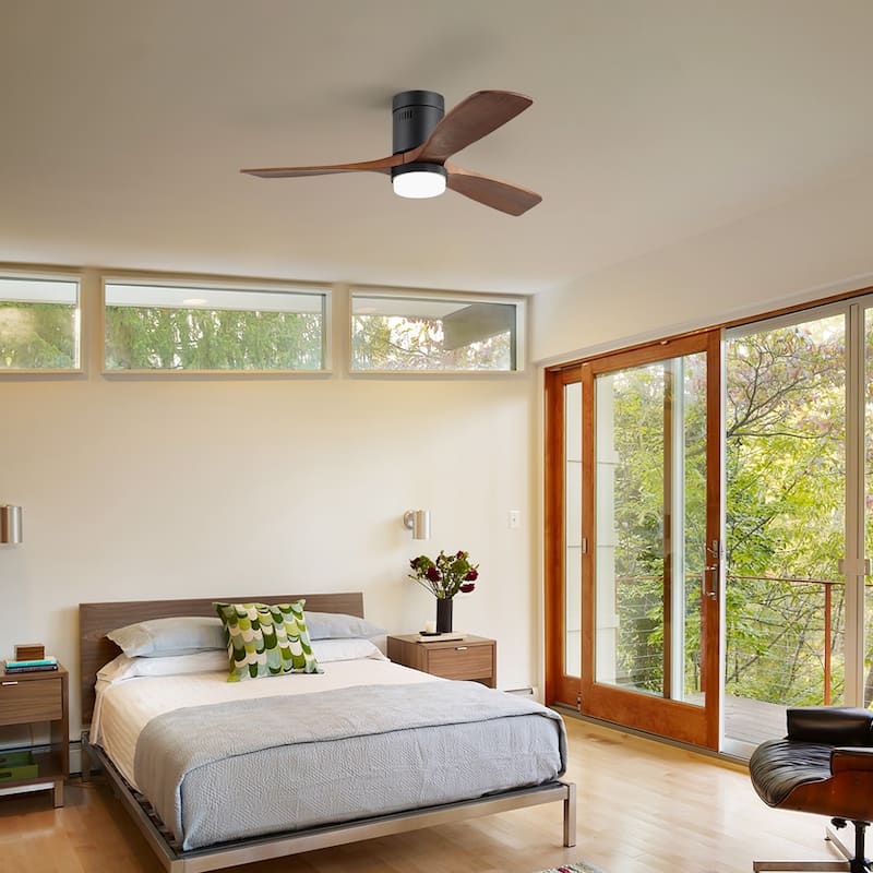 52 Inch Flush Mount Wood Blades White Ceiling Fan Reverse Airflow,6 Wind Speed,Remote Control