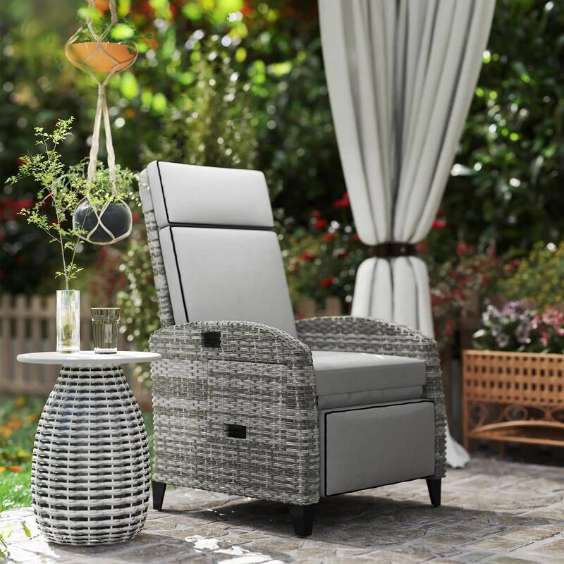 Outdoor Recliner with Cushions,Adjustable Footrest,Armrests,Tray Table