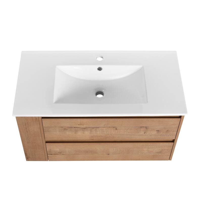 35.9-Inch Modern Bathroom Vanity with Ceramic Sink, Adjustable Side Shelf, Soft-Close Drawers, and 45° Beveled Invisible Handle