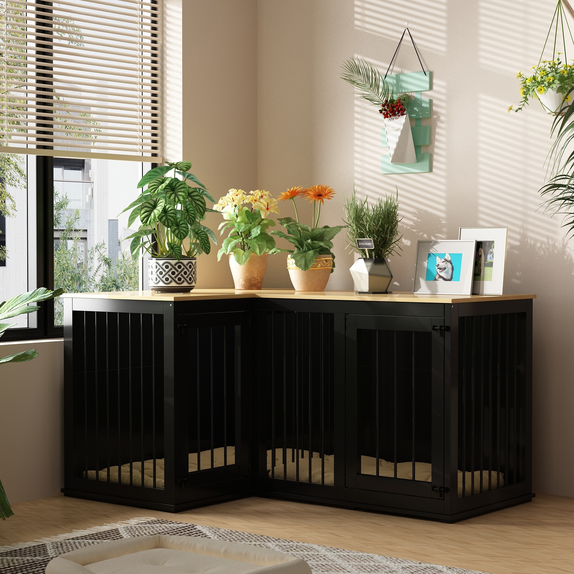 Large Corner Dog Crate Furniture, Wooden L Shaped Double Dog Kennel