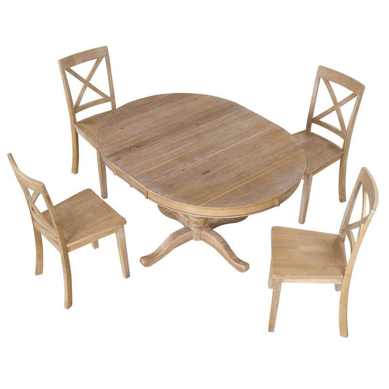 5 Piece Extendable Round Dining Table Set with 4 Chairs, Natural Wood Bed Bath & Beyond 39642208