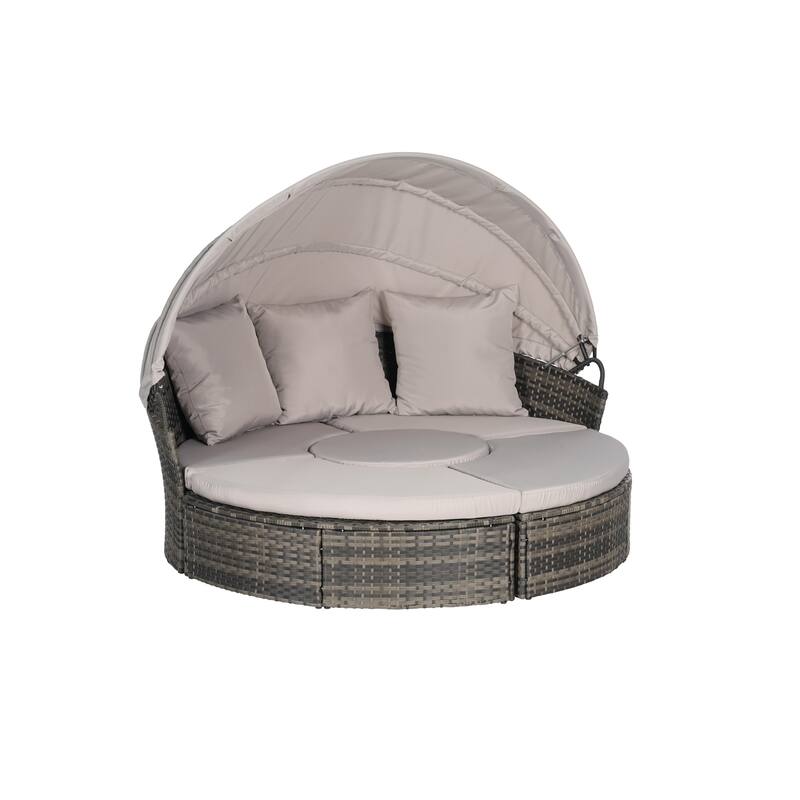 Outdoor Patio 4 Pieces Round Daybed Sunbed with Retractable Canopy, All-weather Wicker Sectional Seating Conversation Set