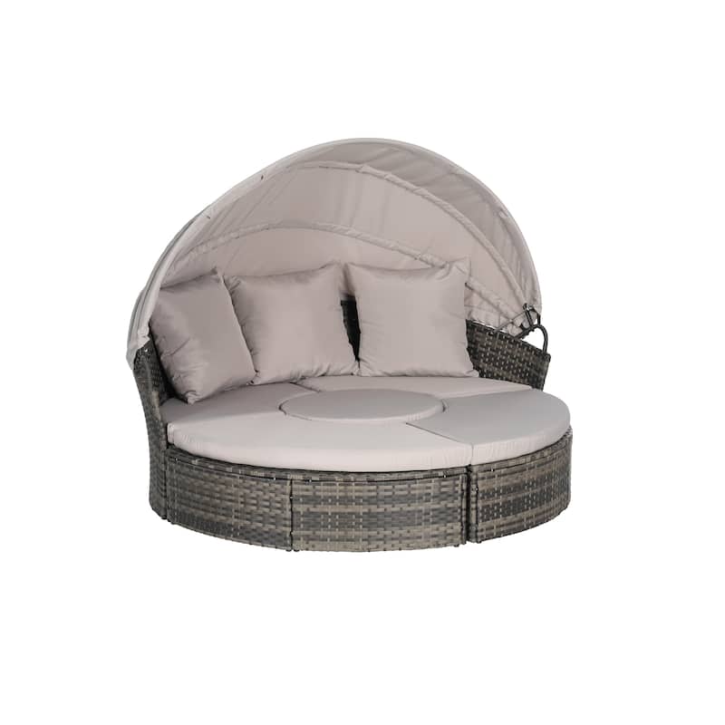 Outdoor Rattan Daybed Round Sunbed with Retractable Canopy, 5 Piece Sectional Patio Conversation Set with Storable Table