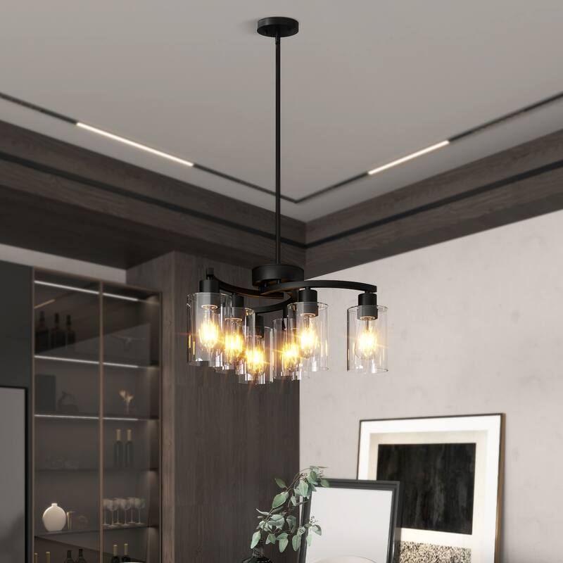 6-Light Modern Farmhouse Black Chandelier - Adjustable, Kitchen, Dining - Clear Glass