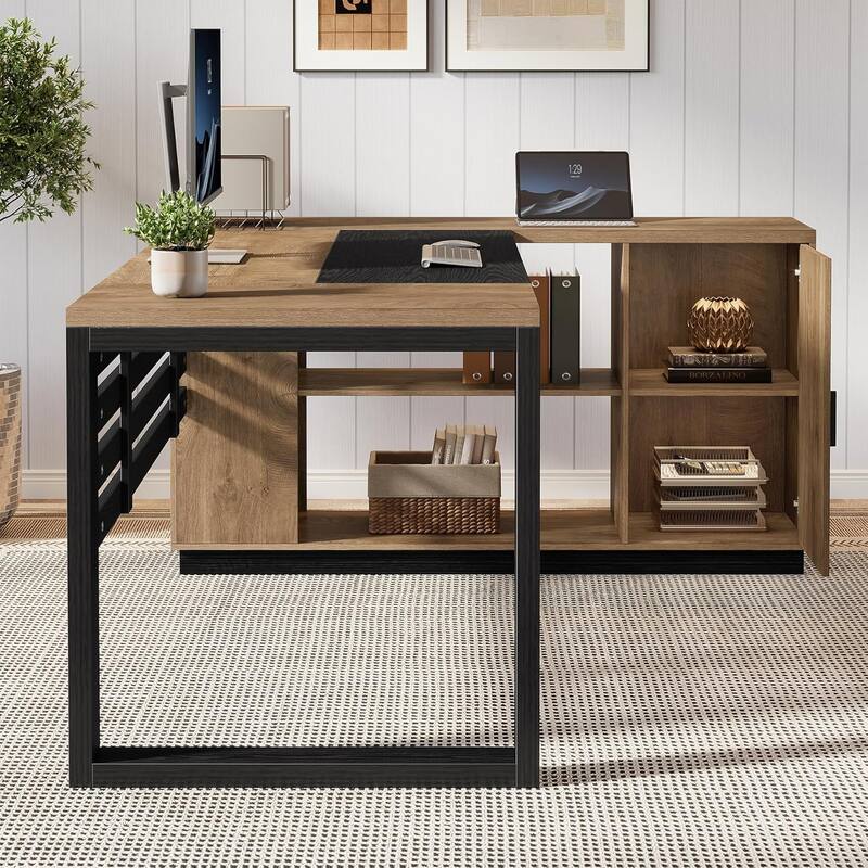 78" L Shaped Executive Desk with Cabinet Storage & Shelves, Modern Wood Office Desk