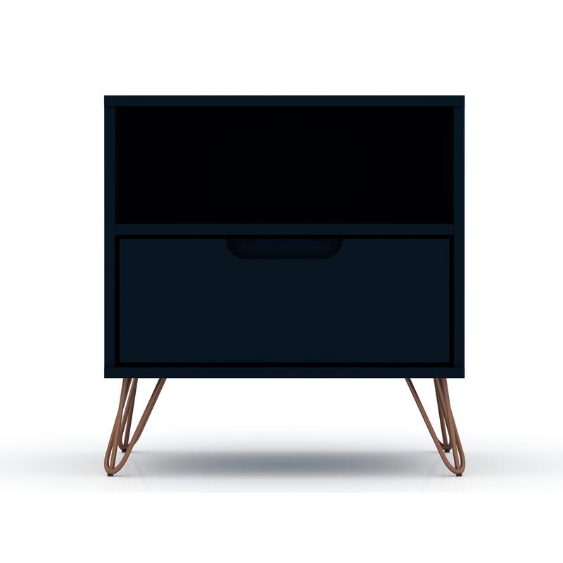 Modern Nightstand with Drawer and Open Shelf Metal Legs Mid Century Design - Dark Blue