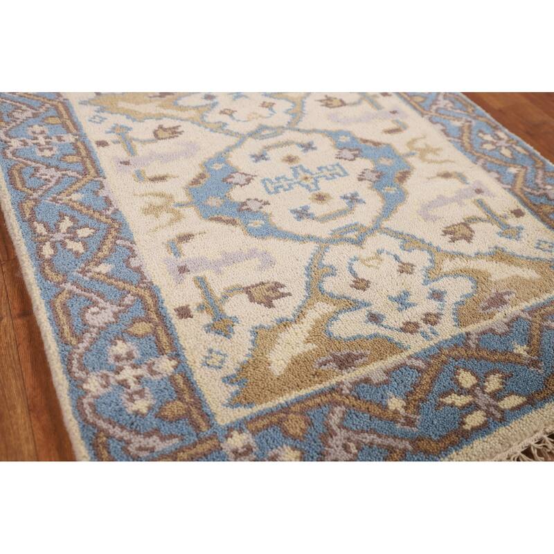 Ivory & Blue Oushak Indian Runner Rug Handmade Wool Carpet - 2'7"x 7'8"