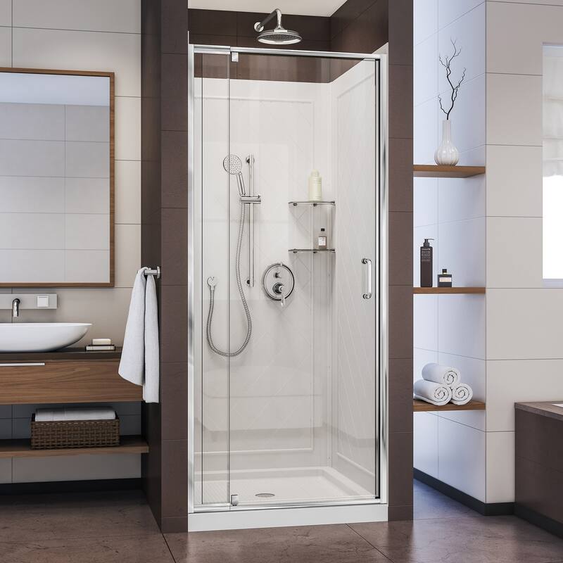 DreamLine Flex 36 in. D x 36 in. W x 76 3/4 in. H Pivot Shower Door, Shower Base and Backwall Kit - 36" x 36"