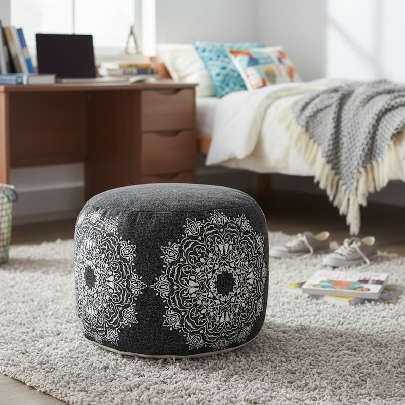 Sevita Boho Chic Mandala Medallion Pouf Ottoman - 18" x 18" x 14" - Black/White