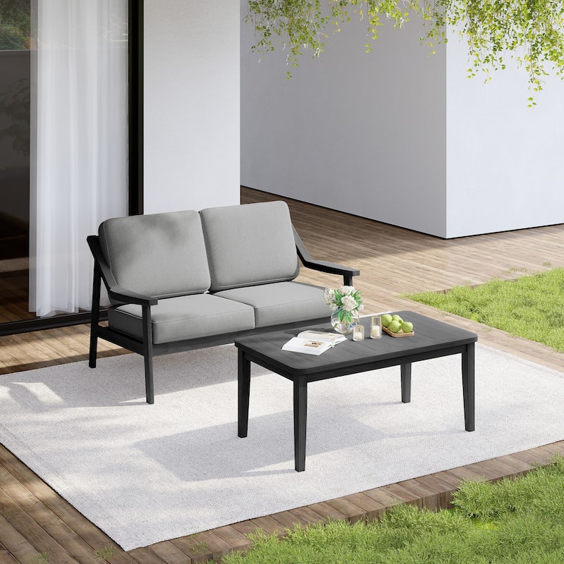 Outdoor Wood Teak Cushioned Patio 2 Seater Loveseat with Coffee Table