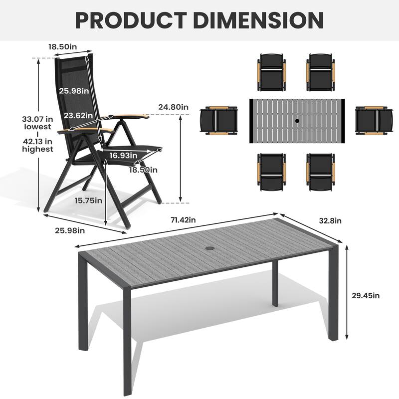 7/9/11-Piece Outdoor Dining Set Patio Aluminum Dining Table and Adjustable Folding Chairs