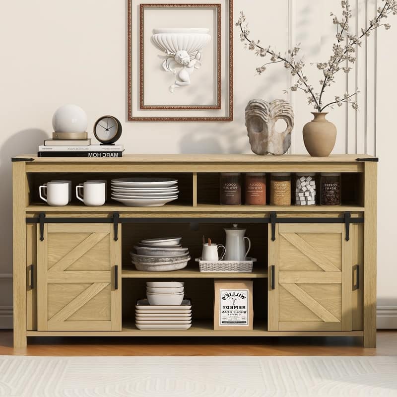 Farmhouse 59.3" Sideboard Buffet with Sliding Barn Doors and Open Storage for Living or Dining Spaces