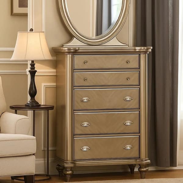 Ada 56 Inch 5 Drawer Tall Dresser Chest, Pine Wood, Chevron Pattern,  Antique Champagne - Bed Bath & Beyond - 36907785