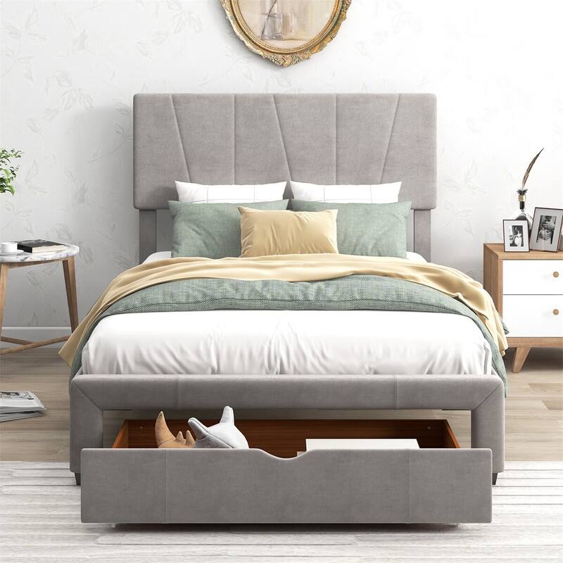 Merax Upholstery Platform Bed with One Drawer, Adjustable Headboard