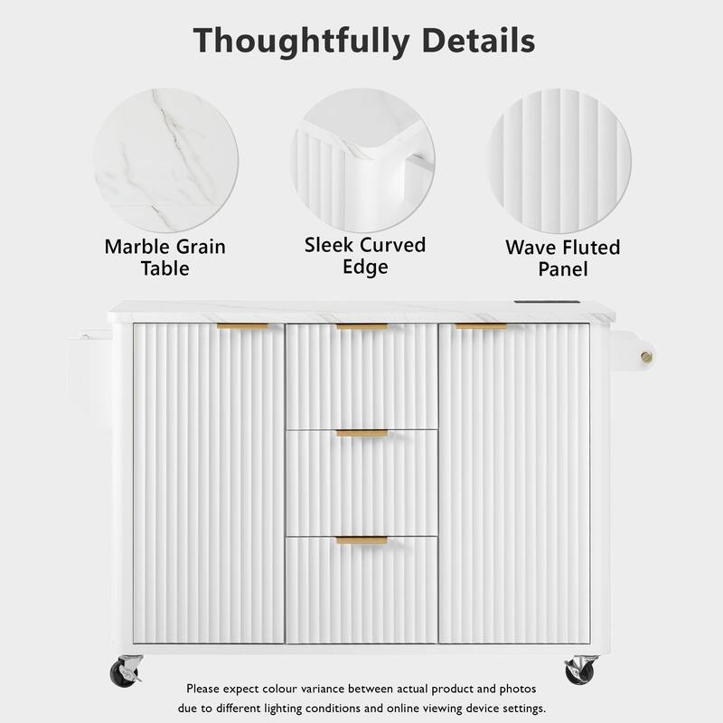 55.5" Storage Power Outlet Kitchen Island with Drop Leaf and 3 Drawers