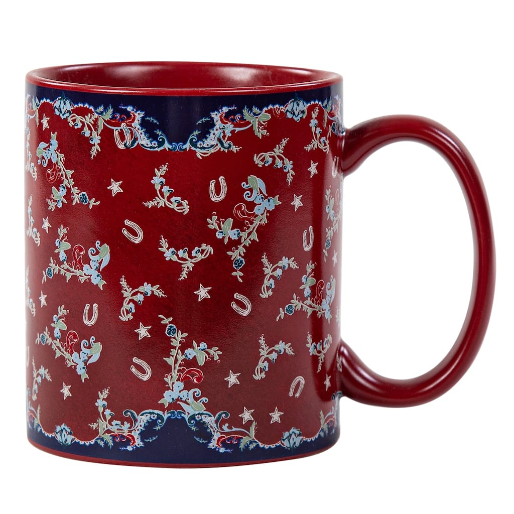 Tasha Polizzi for Paseo Road Patchwork Bandana Red Horseshoes and Paisley Durable Ceramic 4 Piece Mug Set