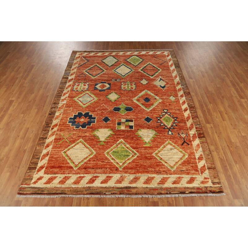 Moroccan Oriental Area Rug Handmade Orange Geometric Wool Carpet - 6'10" x 9'9"