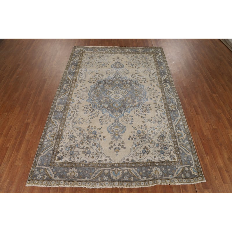 Tabriz Persian Area Rug Handmade Beige Wool Carpet - 6'7"x 9'8"