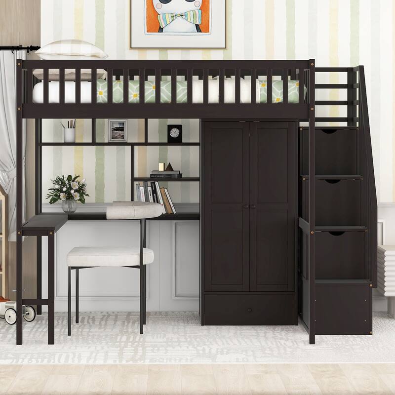 Loft Bed with Bookshelf,Drawers,Desk,and Wardrobe