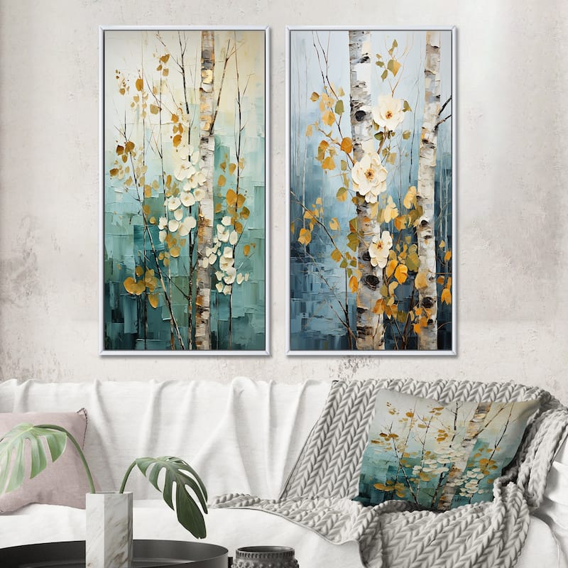 Designart "Birch Woods Whispering Winds IV" Tree Birch Framed Wall Art Set Of 2 - Blue Canvas Set For Living Room Decor - 32 in. wide x 32 in. high - White