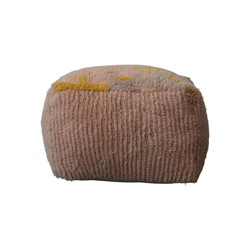 Woven New Zealand Wool Shag Pouf with Design