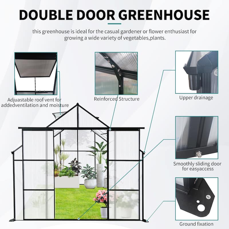 8x10FT Double Door Polycarbonate Greenhouse Raised Base and Anchor Aluminum Heavy Duty Walk-in Greenhouses for Outdoor Backyard