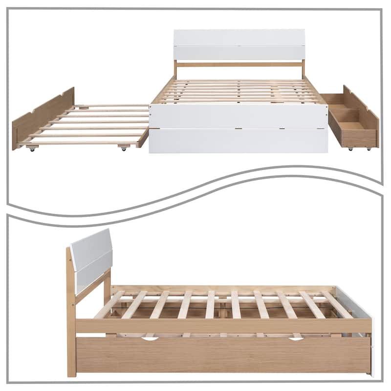 Modern Farmhouse Style Wooden Full Size Platform Bed Frame with Twin Size Trundle Bed