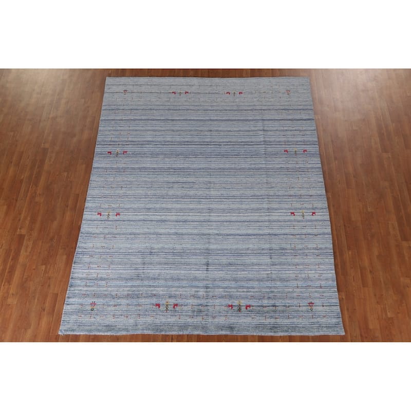Striped Blue Gabbeh Indian Area Rug Hand-Knotted Oriental Wool Carpet - 7'8"x 9'7"