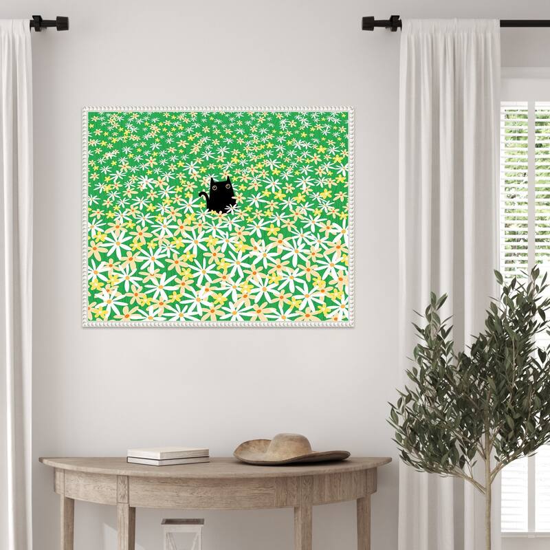 Black Cat in Flower Field by Gabriela Avila Framed Canvas Wall Art Print