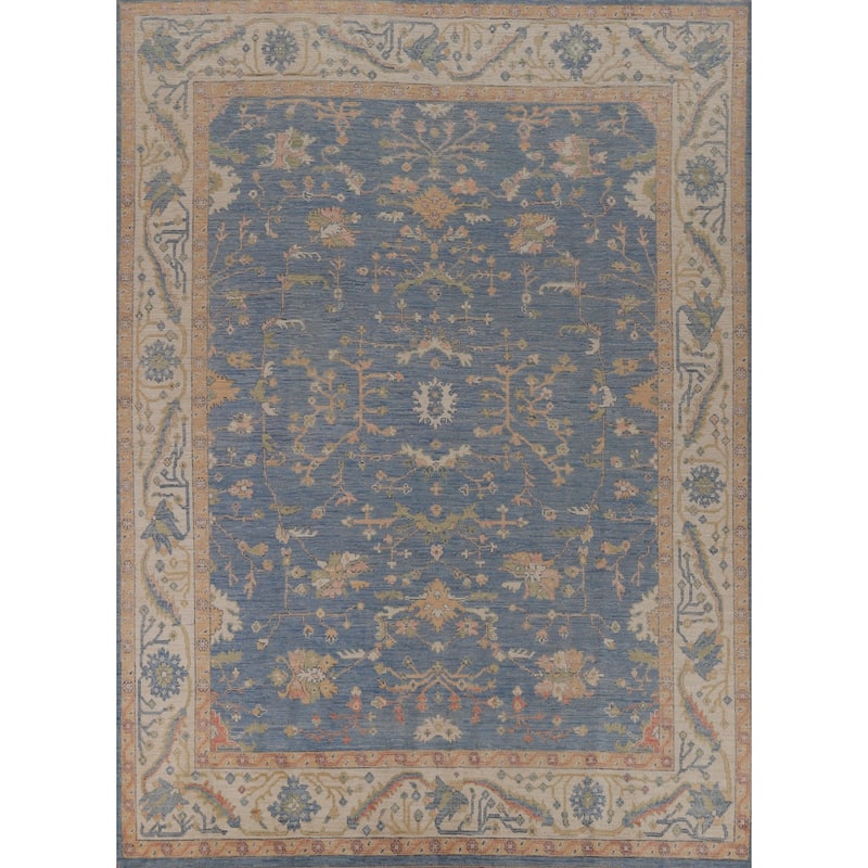 Oushak Vegetable Dye Area Rug Hand-Knotted Blue Floral Wool Carpet - 8'2" x 10'0"