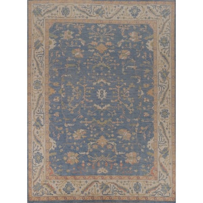 Oushak Vegetable Dye Area Rug Hand-Knotted Blue Floral Wool Carpet - 8'2" x 10'0"