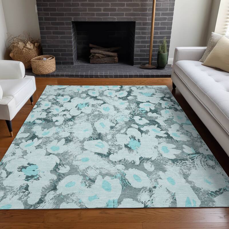 Machine Washable Indoor/ Outdoor Modern Daisy Chantille Rug - Teal - 10' x 14'